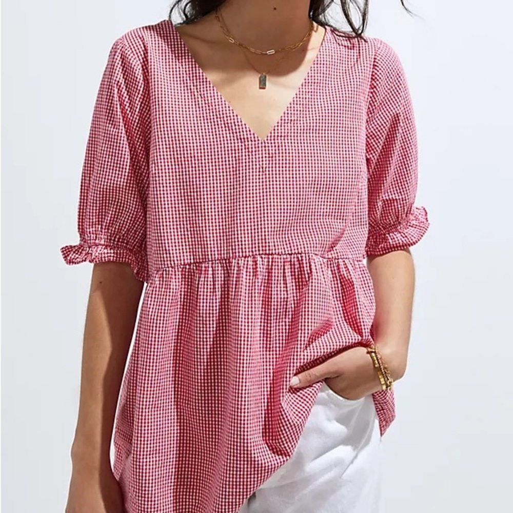 Anthropologie Maeve Gingham Tunic Top Blouse, Red L